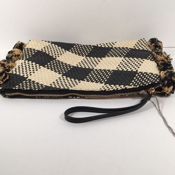 A New Day Straw Rafia Black and Creme Pom Pom Clutch Wristlet - Picture 6 of 14